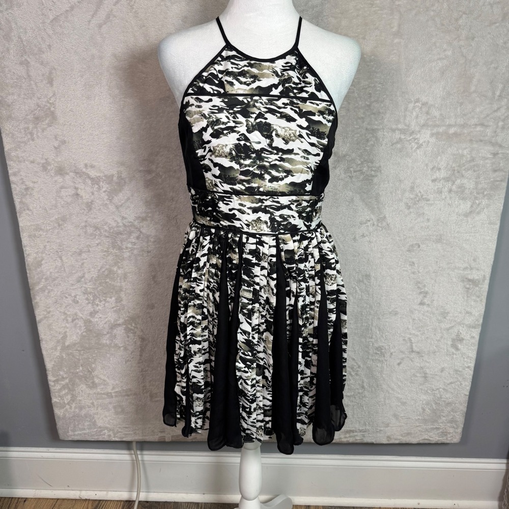 Parker Womens Camo Halter Fit & Flare Dress Small Black White Beige Retro